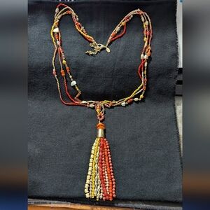 Chico's Gold Tone Red Orange Yellow Beaded Layered Tassel Statement Necklace